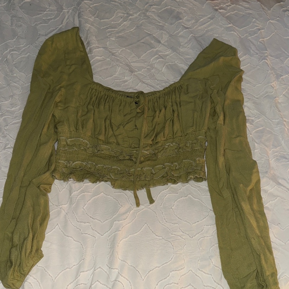 Smocked Long-Sleeve Cropped Top in Olive Green